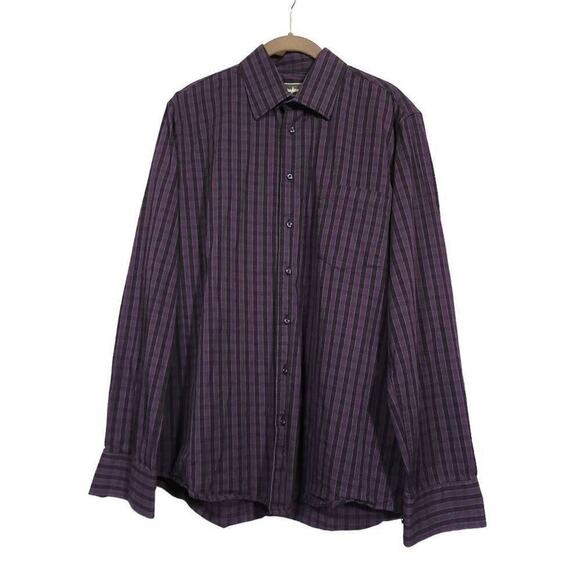 Neiman Marcus Purple Plaid Shirt Size M Checked Black Button Down Collared  - Picture 1 of 6